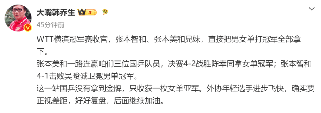 张本智和回应“兄妹双双登顶”：荣誉献给爸爸妈妈；韩乔生：国乒要正视差距，好好复盘